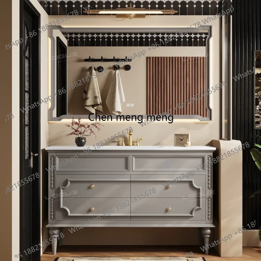 Oak French retro cream wind bathroom cabinet combination washstand floor-to-ceiling wash basin cabinet