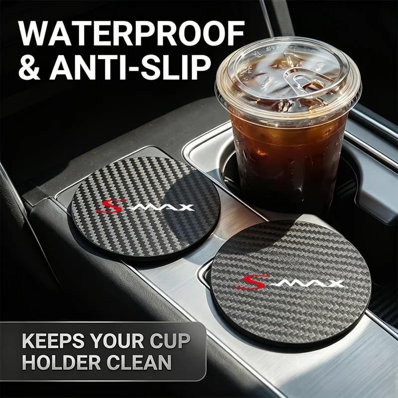 2pcs Carbon Fiber Pattern PU Leather Car Coasters Car Cup Coasters Texture for Ford S-MAX Smax Models Anti-Slip Cup Holder Mat