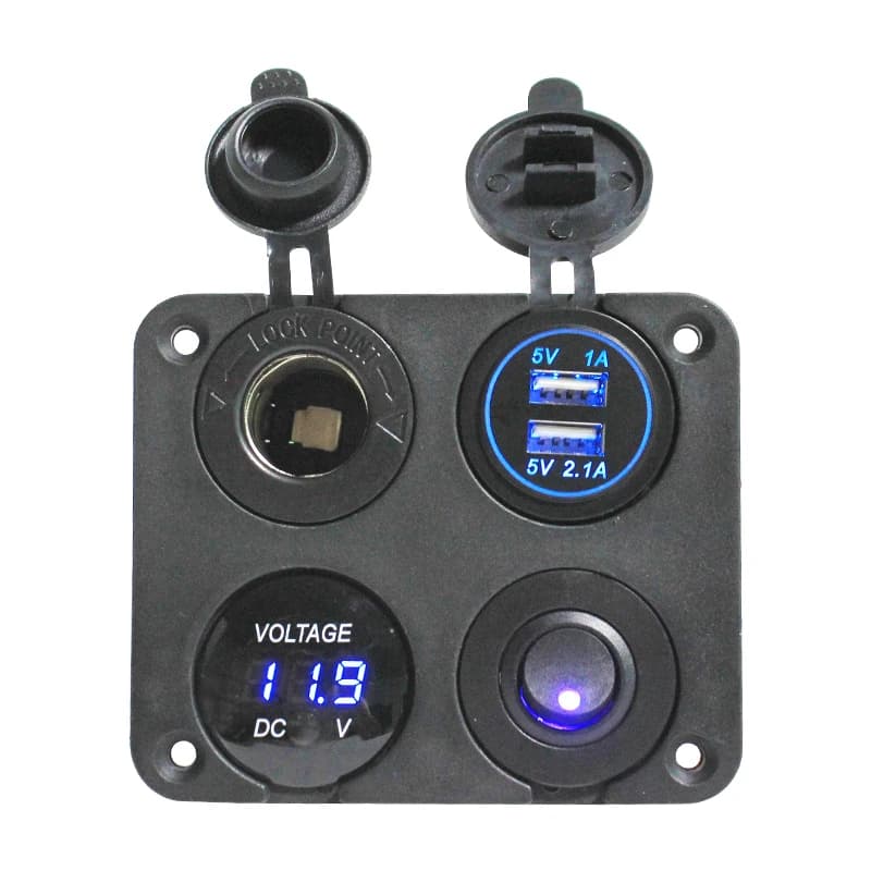 HEYRV Car Boat RV Dual USB Socket Charger 1A&2.1A + Voltmeter + 12V Power Outlet + ON-Off Switch Panel