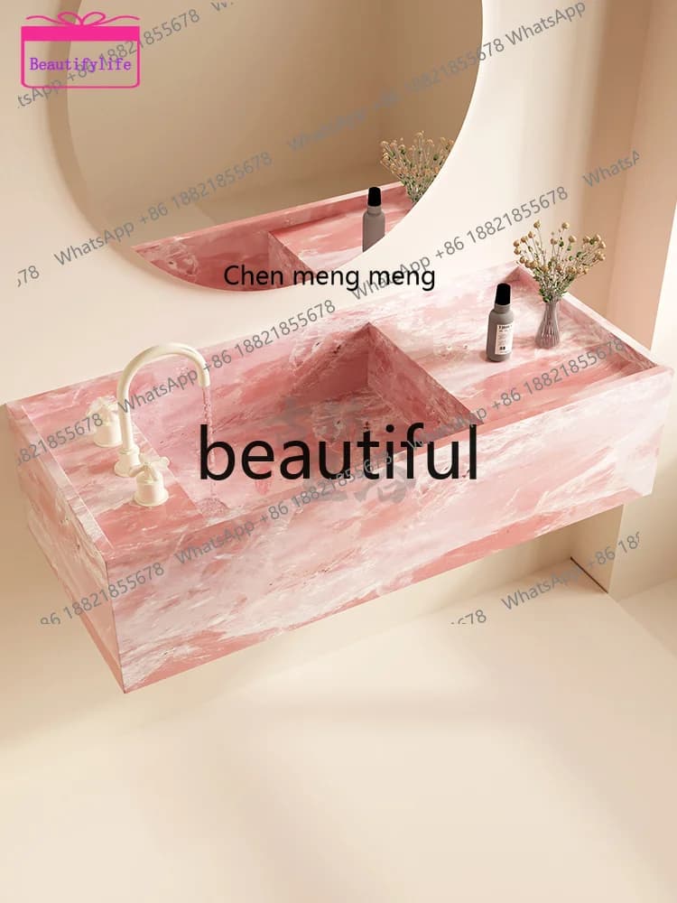 YL Medieval retro powder jade marble luxury stone rock slab wall-mounted hand wash basin bathroom cabinet