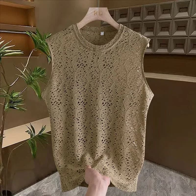 Men Knit Sleeveless Tank Top Casual O Neck Solid Color Summer Daily Wear Breathable Hollow Design