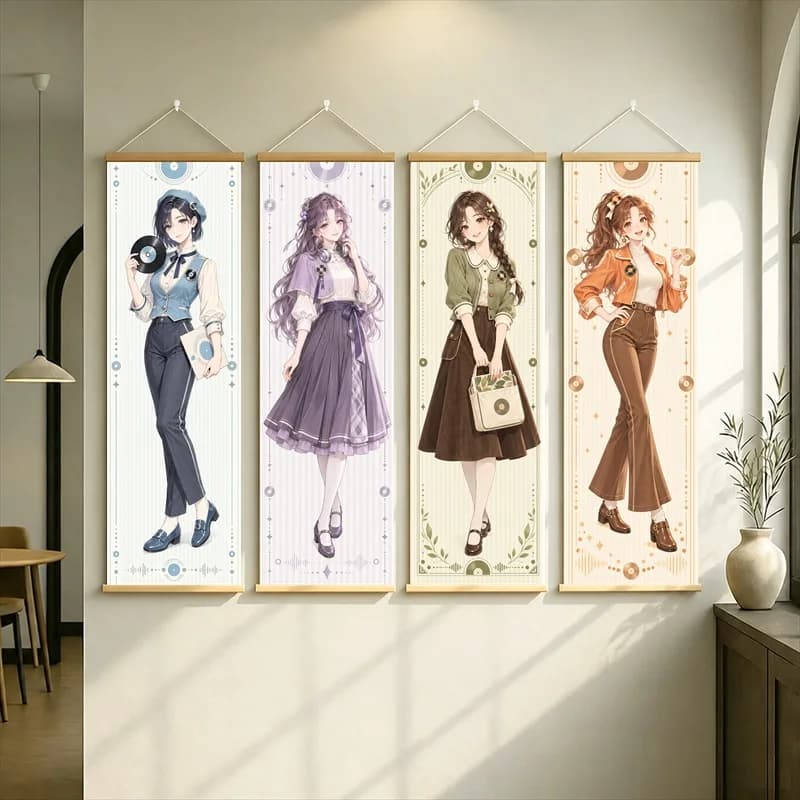 Anime Women in Navy, Purple, Olive and Brown Outfits Hanging Scroll with Delicate Floral Borders for a Cozy Reading Nook