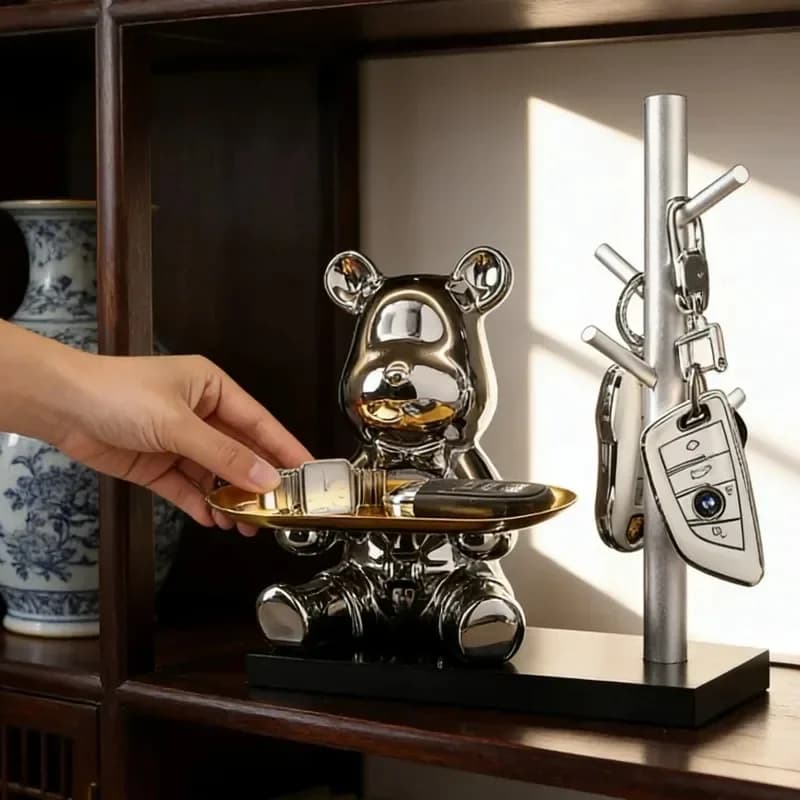Aesthetic Bear Figurine Tray Key Watch Shelf Makeup Decorative Holder Candy Rack Nordic Animal Statue Desk Decoration Organizer