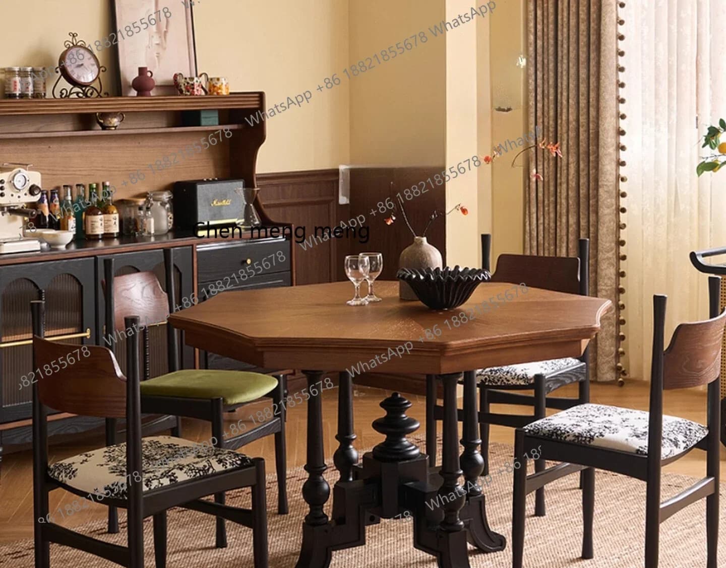 ZJFrench retro solid wood dining table, home small apartment, medieval style creative octagonal table