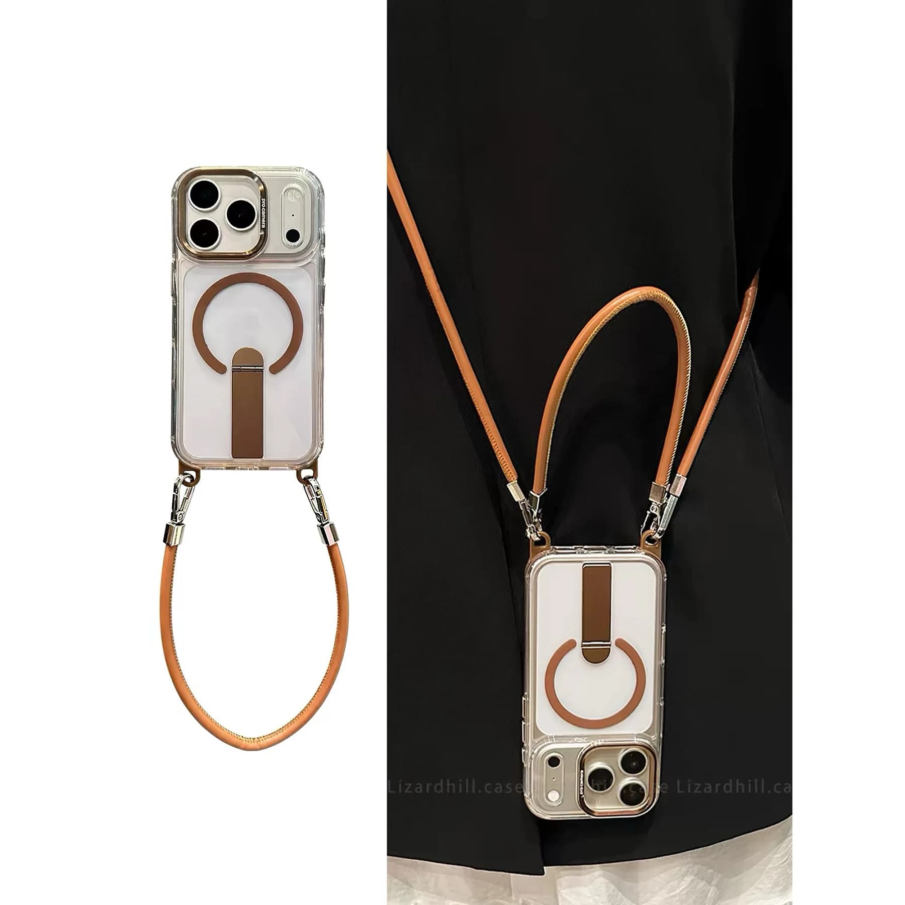 Transparent magnetic brown hidden bracket hand rope crossbody for iPhone17promax Apple 16 mobile phone case 15 hard