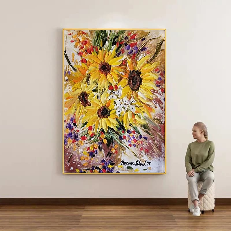 Vibrant 3D Impasto Sunflower Oil Painting, Hand‑Painted Palette Knife Floral Canvas Art,Colorful Flower Wall Art Home Decoration