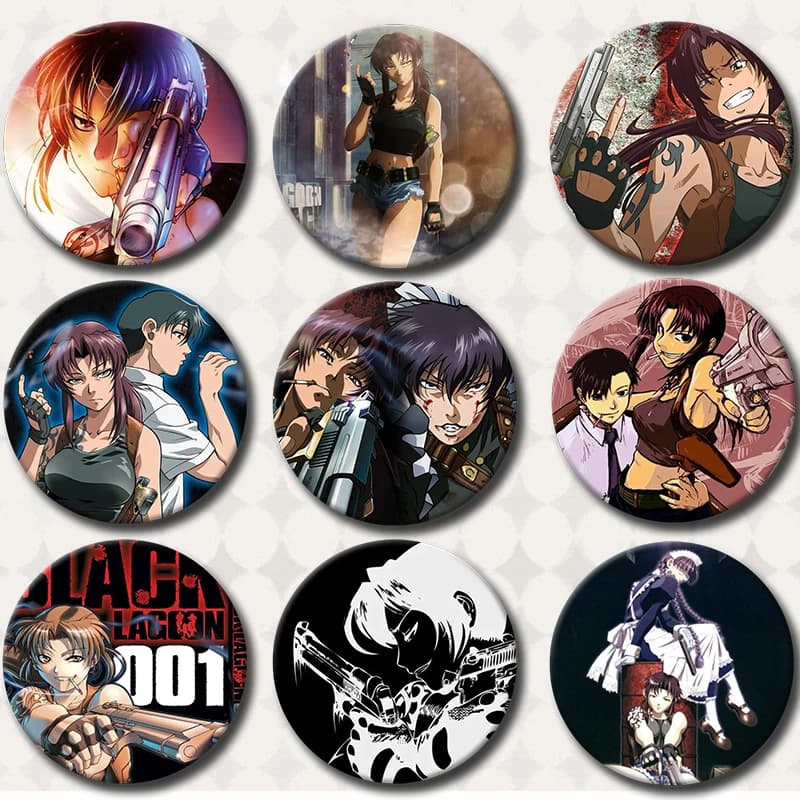 58mm Anime Black Lagoon Creative DIY Badge Tinplate Plastic Pins Button Brooch for Backpack Decoration Accessories Jewelry Gifts