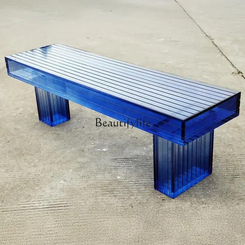 88.Blue acrylic long stool, living room dining mall rest stool, villa entrance shoe changing bench
