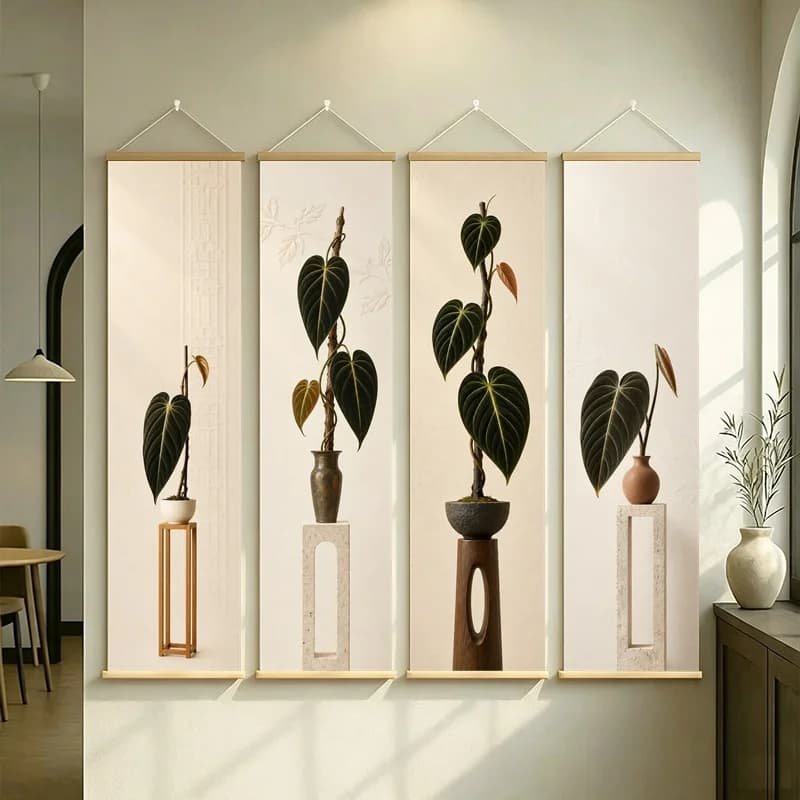 Botanical Wall Art 4-Panel Dark Heart Leaf Vase Scroll Set on Beige Silver Shimmer Canvas for Cozy Neutral Bedroom Decor