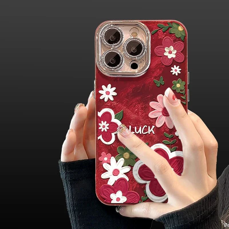 Red Flower Case for iPhone 17 16 15 Pro Max 14 13Pro Max 12pro 11 XS Max 7 8 plus Cute Phone Cover with Lanyard