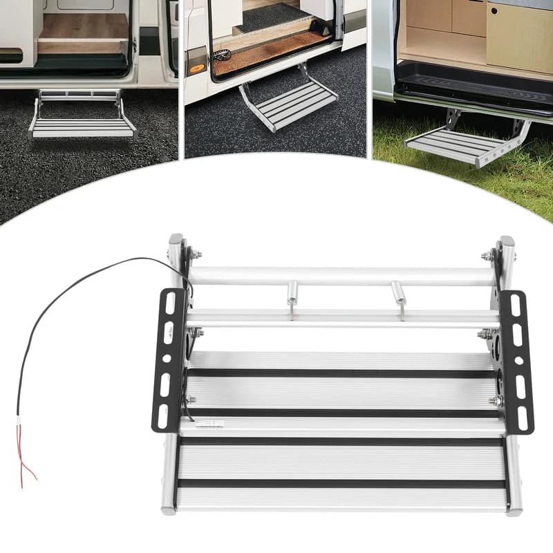 Folding RV Silver Aluminum Alloy 4m RV with V LED Light Manual RV Step 0kg Load Bearing Capacity