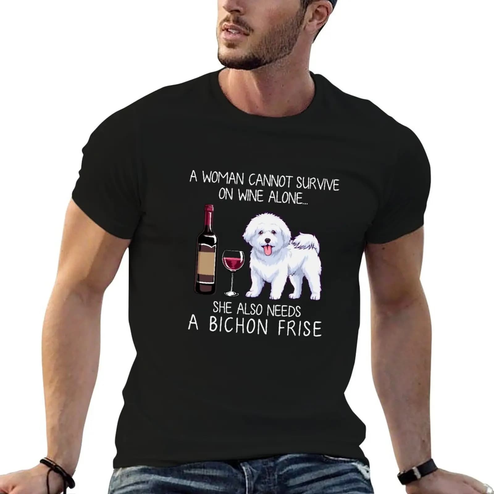 Bichon Frise and wine Funny dog T-Shirt man t shirts high quality luxury brand t shirt man designer T-Shirt