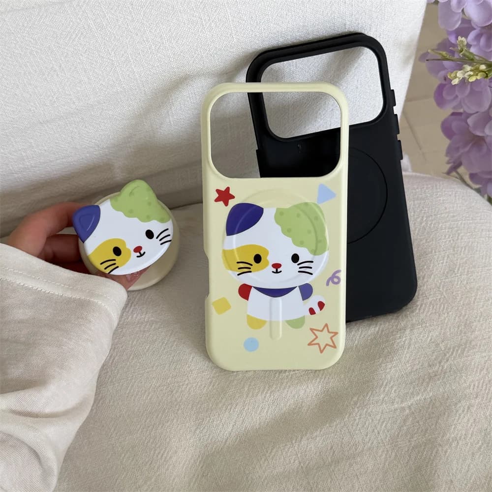 Cute Color Block Cat Magnetic Stand Case For iPhone 15 16 17 ProMax Cartoon Star Geometric Pattern Shockproof Protective Cover