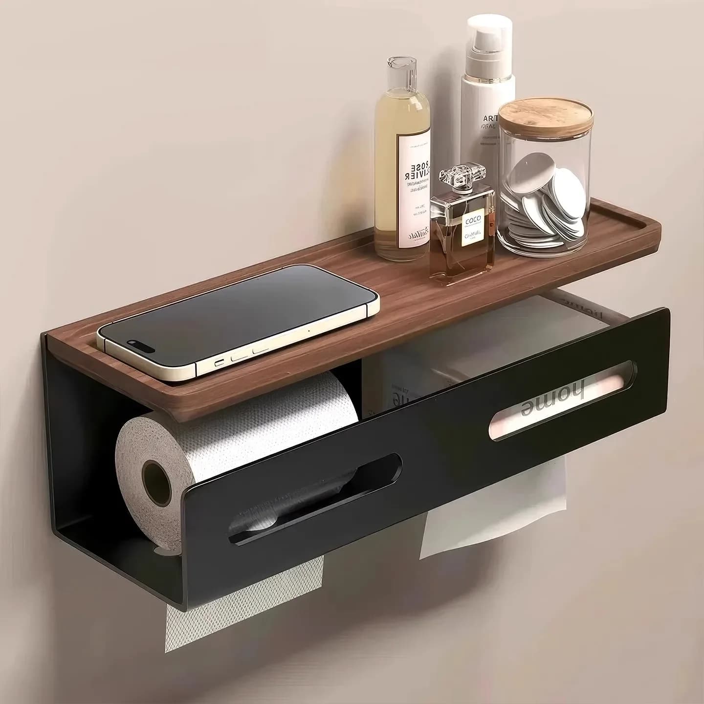 Walnut bathroom tissue box rack wall mounted