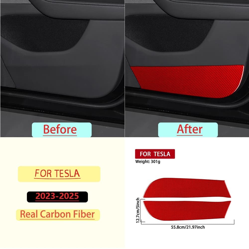 For Tesla Y 2023—2025 Car Inner Door Panel Anti-Kick Covers Trim Real Soft Carbon Fiber Interior Accessories Decoration Sticker