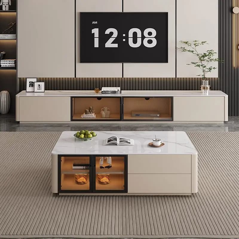 Minimalist Light L/uxury Solid Wood and Stone Board Coffee Table and TV Cabinet Set for Small Apartment Living Room Home Cabinet