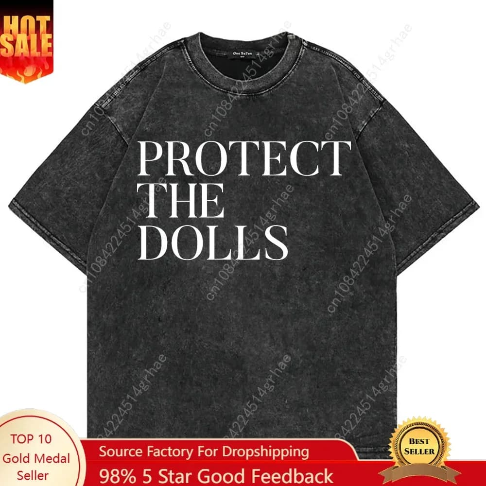 100% Cotton Vintage Washed Protect The Dolls T Shirt Fashion Men Letter Print T-Shirt Unisex High Quality Acid Wash Tees Shirts