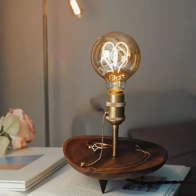 Real Wood Tray Table Lamp Heart-Shaped Storage Plate with Creative Lighting Perfect for Gifts and Photo Props