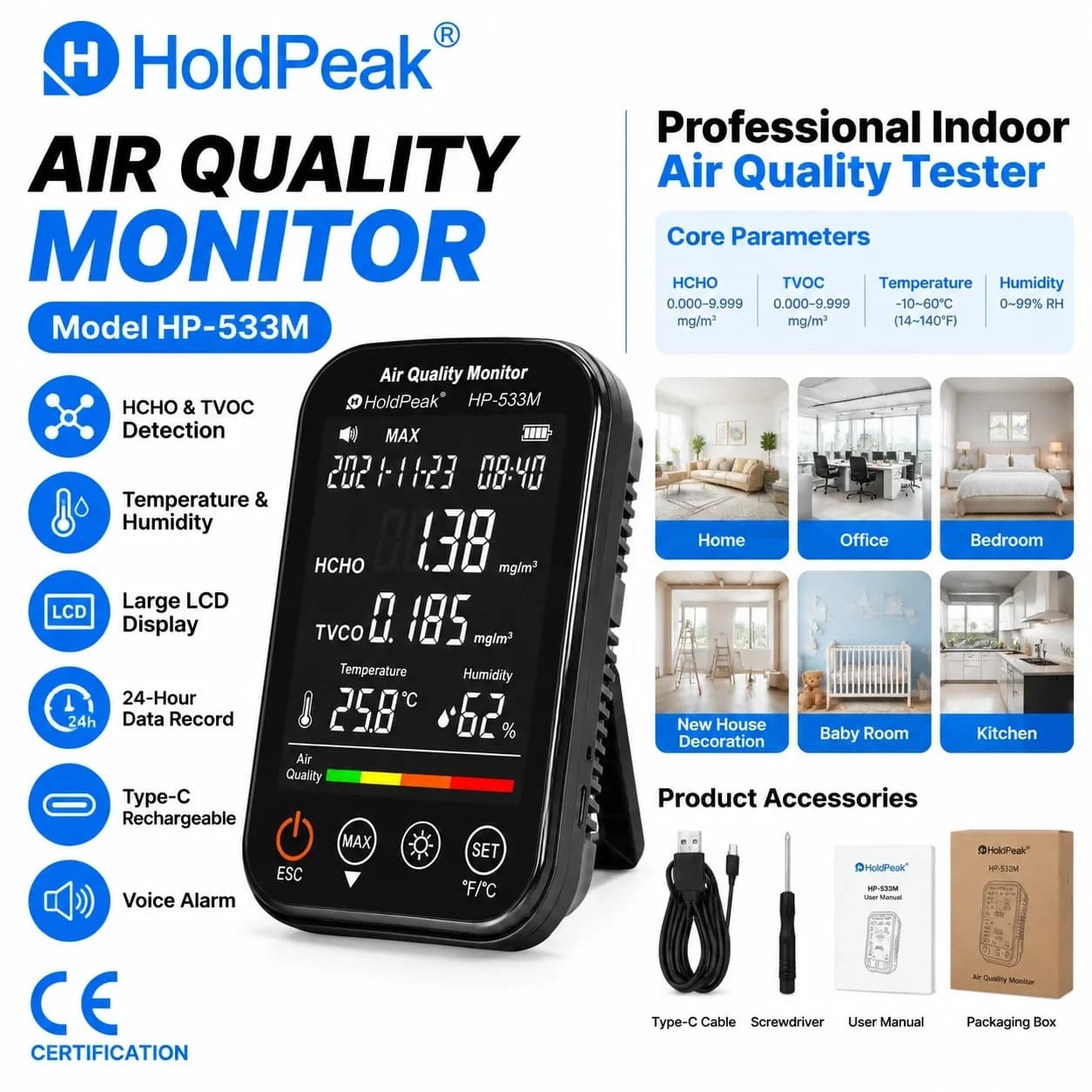 HoldPeak 533M Air Quality Monitor HCHO TVOC Temp Humidity Tester 4-in-1 96 Data Logger 24H Recording for Home Office