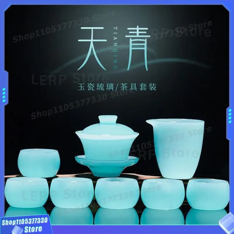 Light Luxury Glazed Kung Fu Tea Set High End Jade Porcelain Cup Gift Box For Home Living Room Office Meeting Guests Present