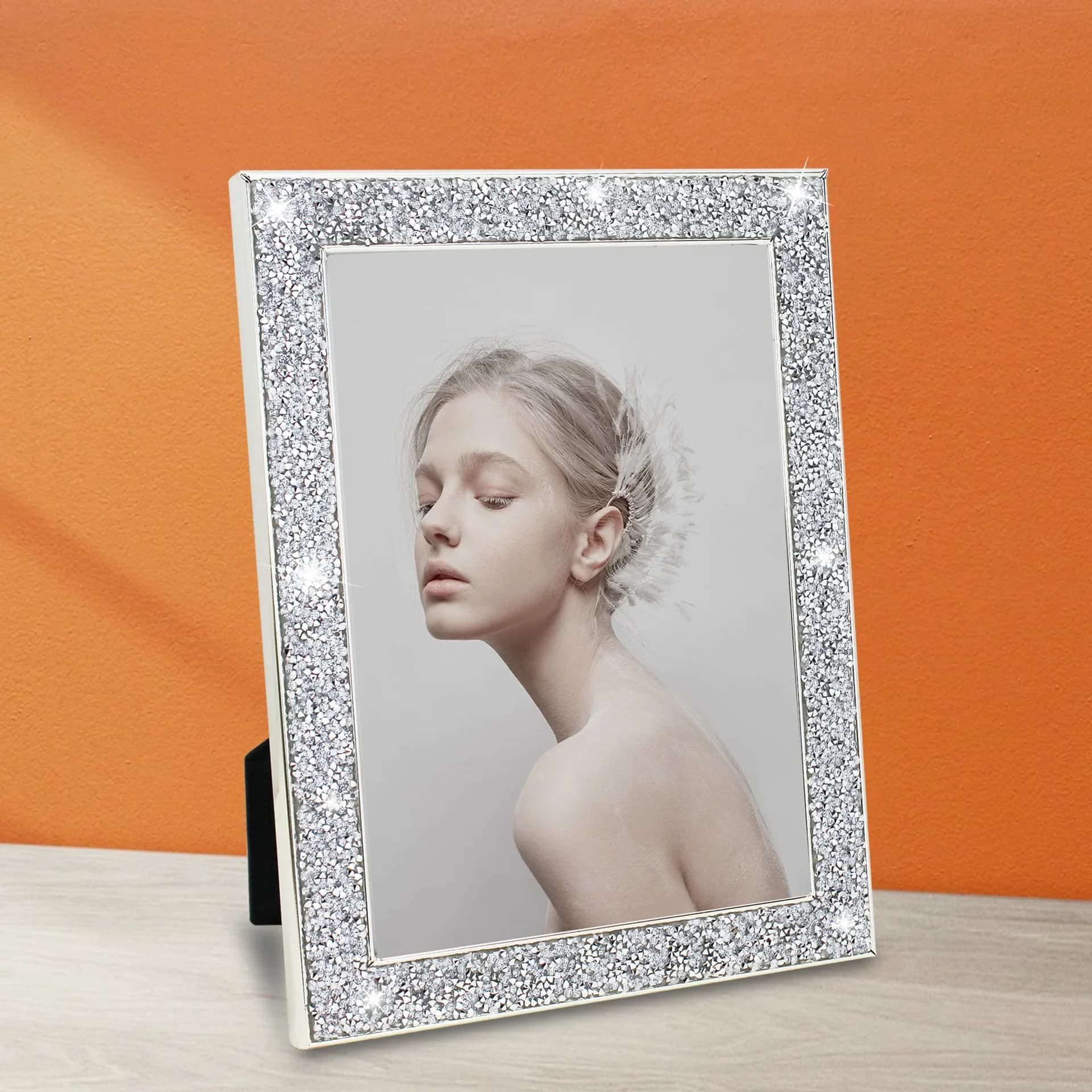 7-Inch Metallic Plated Picture Frame with Sparkling Crystals Stylish Glass Photo Frame for Wedding Children's Photos Wall Decor