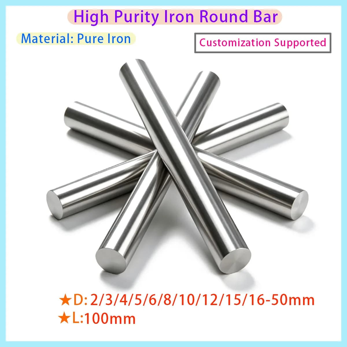 Solid Round Iron Rod, 1 High-purity Iron Rod for Scientific Research, Fe99.99% Diameter Ranging From 12mm To 50mm