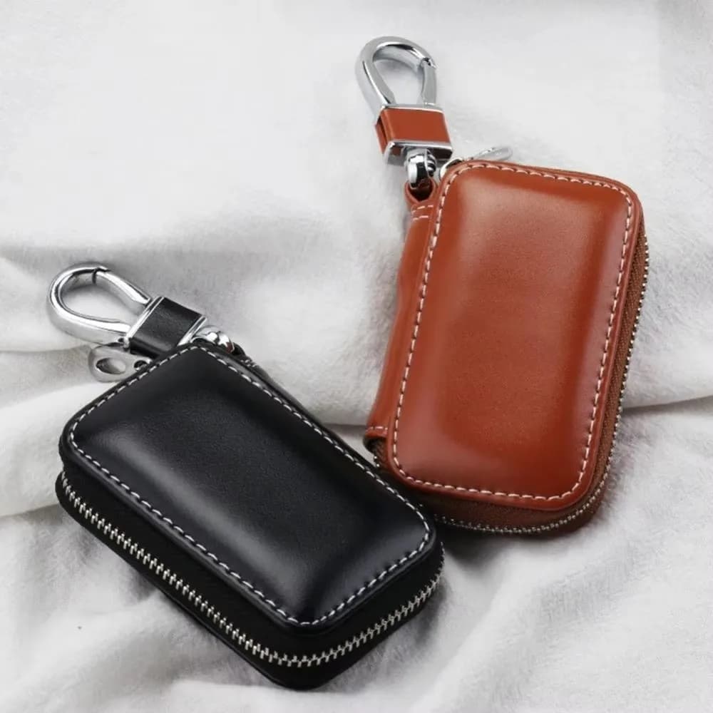 Premium Black Leather Car Key Organizer Portable Zipper Keychain Pouch Auto Key Cover Holder with Hook