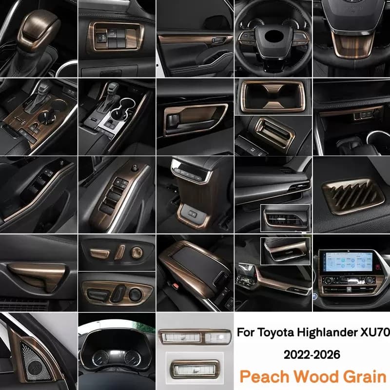 Wood Grain Overlays Interior Trim For Toyota Highlander XU70 2022-2026 on Air Outlet, Gears, Dashboard, Doors, Central Console