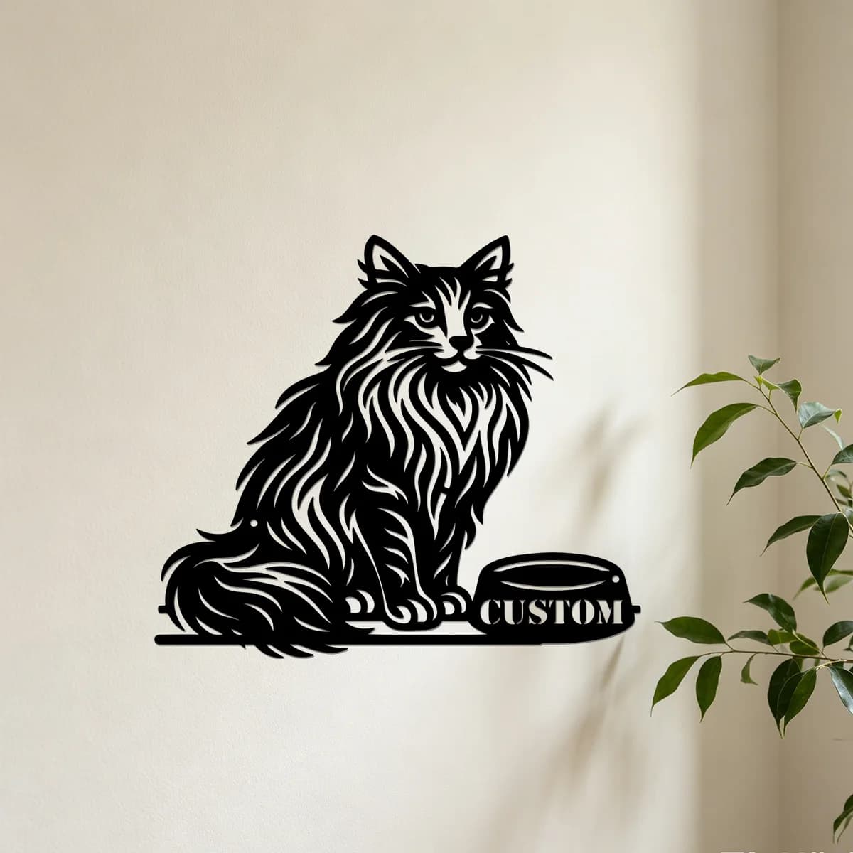 Personalized Cat Metal Wall Sign,Custom Name Long-Haired Cat Wall Art,Fluffy Cat Sitting Wall Plaque,Cat Lover Home Decor Gift
