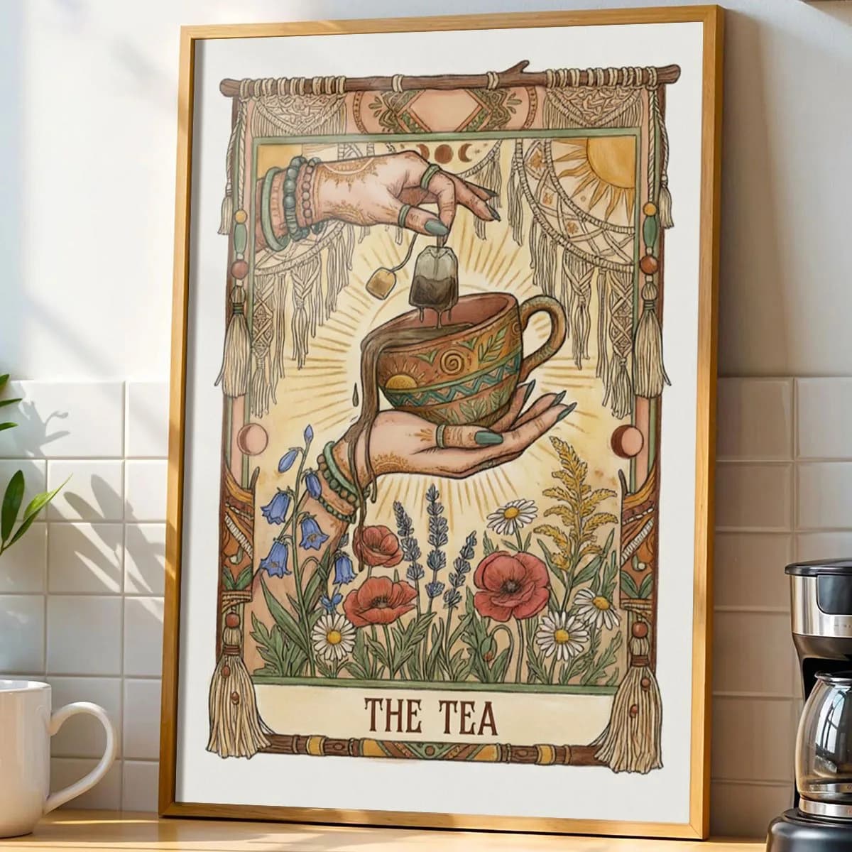 Retro Tarot Tea Cup Wall Canvas Decorative Painting, 2D Printed Poster, Kitchen and Living Room Home Decoration