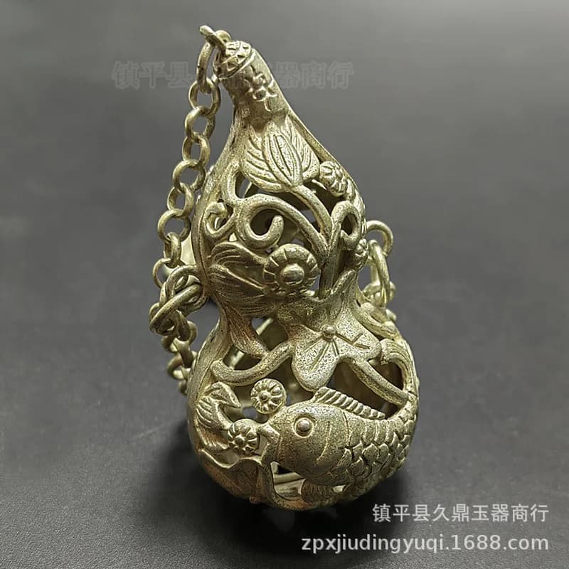 Antique Miscellaneous Items: Double-sided Hollow Gourd Pendant, Silver Decorative Piece for Home and Office