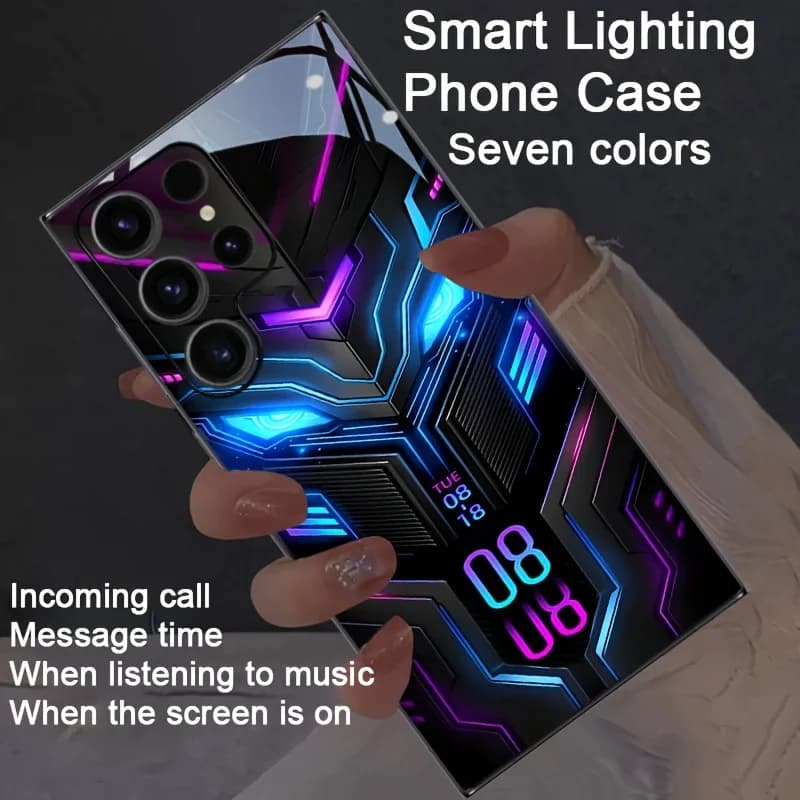 Luxury Night Light Luminous Glass Phone Case For Samsung Galaxy S25 S24 S23 Ultra S20 S21 FE S22 Plus Flash Cover Abstract Mech