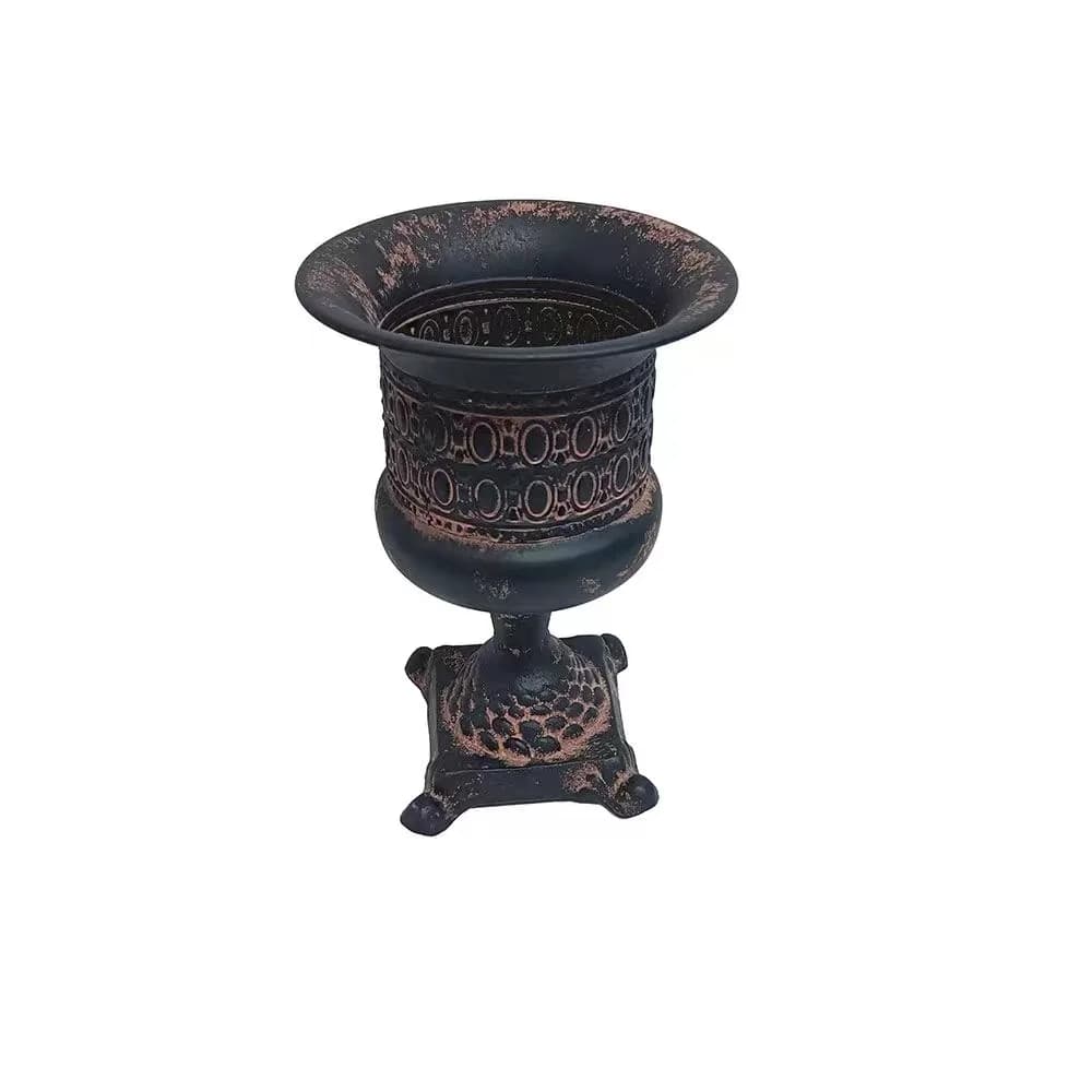 Vintage European Iron Urn Planter with Cast Iron Base, Distressed Black Brown Metal Flower Vase for Tabletop Home Garden Decor