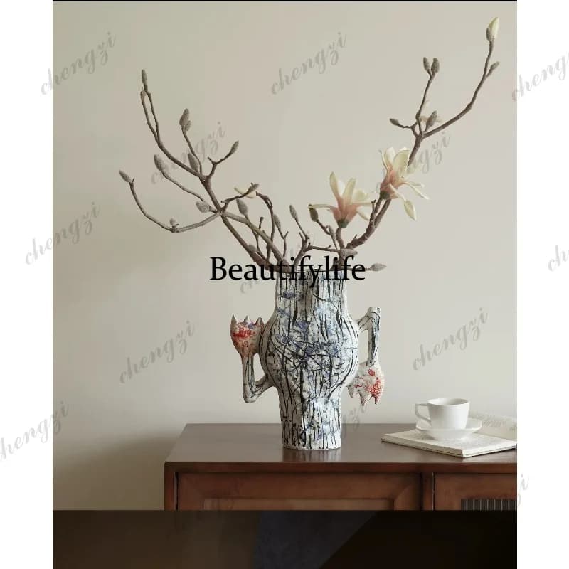 Wabi Sand Wind Design Ceramic Hand Painted Art Vase Ornament Desktop Water Cultivator