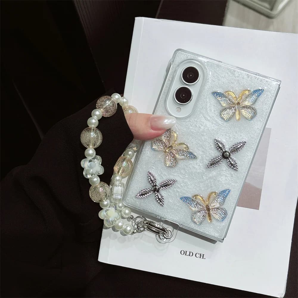 Korean Fashion flowers Phone case for Samsung Galaxy Z Fold 8 Fold 8 7 6 5 4 Cover 3D bowknot With Chain Cute Shockproof Cover