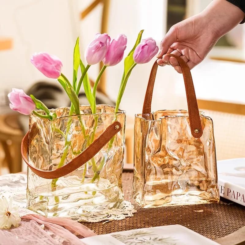 Light Luxury Creative Glass Vase Bag Shaped Leather Handbag Aquarium Transparent Hydroponic FlowerpotHome Decoration Accessories