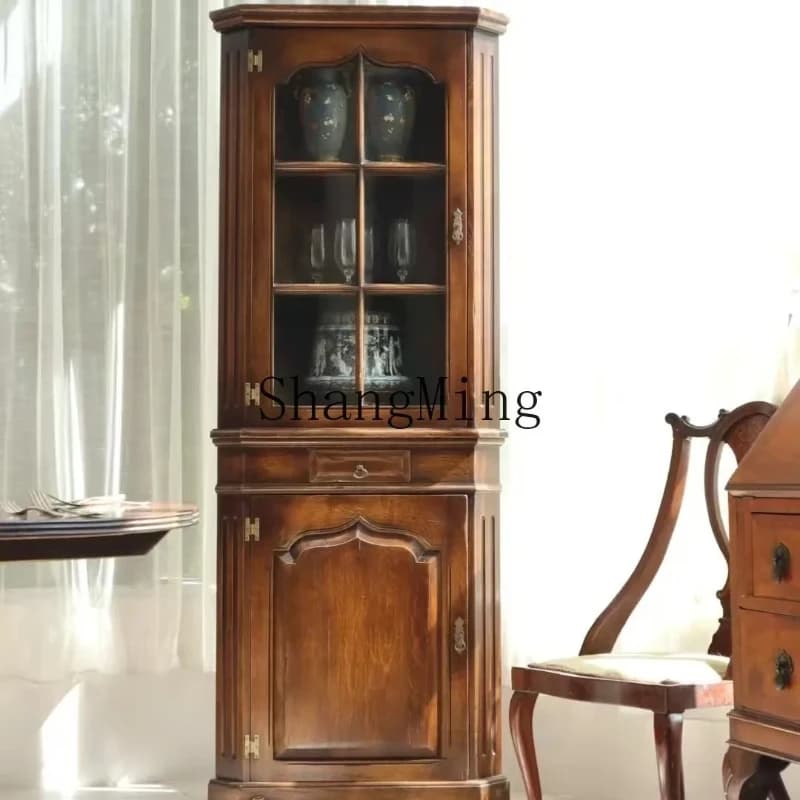 SM Home Retro Solid Wood Corner Cabinet Storage Glass Door Restaurant Corner Wall Cabinet Dust Display Wine Cabinet