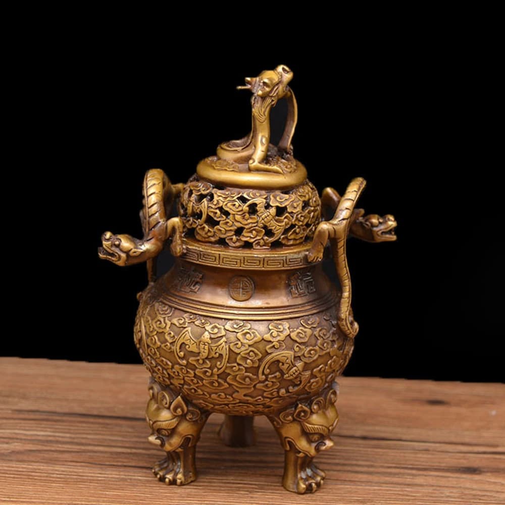 Full copper relief bat dragon head incense burner, Antique tea room decoration brass censer, Home Decor handicrafts ornaments