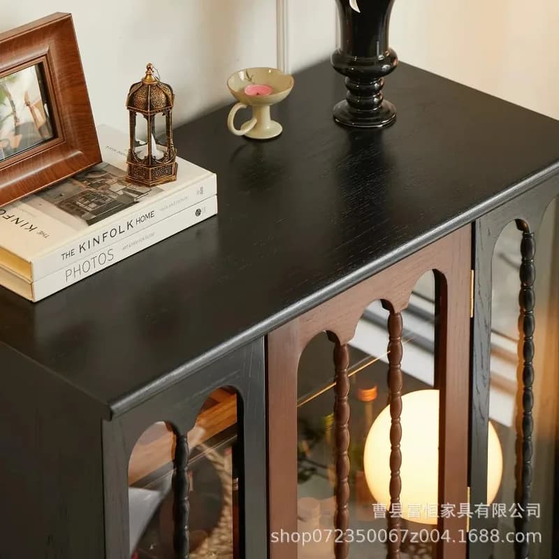 d1 solid wood glass wine cabinet, living room against the wall, dining side cabinet, retro storage figure storage display