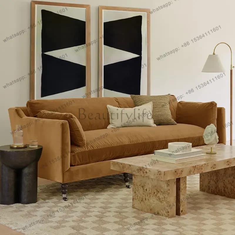 yj58 French solid wood sofa small apartment three-person straight row sofa modern simple living room fabric sofa