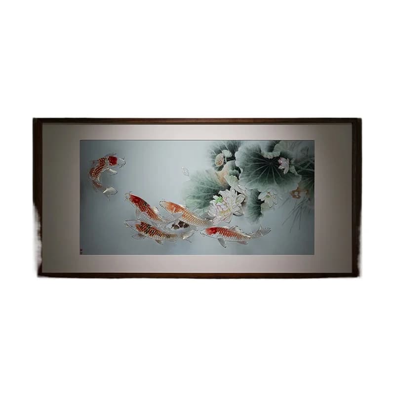 Hand-carved, bronze carving painting "Koi Huanhe" living room entrance sofa background wall decorative painting