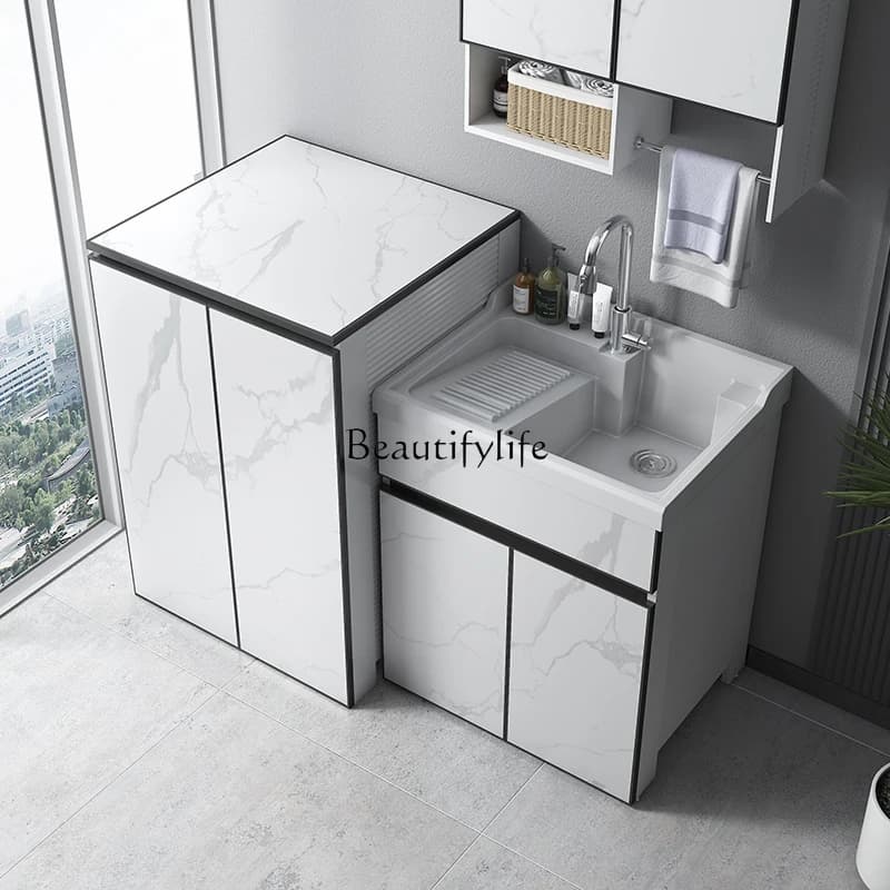 88.Space Aluminum Balcony Laundry Cabinet Combination Laundry Pool Sink Integrated Cabinet Flip Top Pulsator Washing Machine