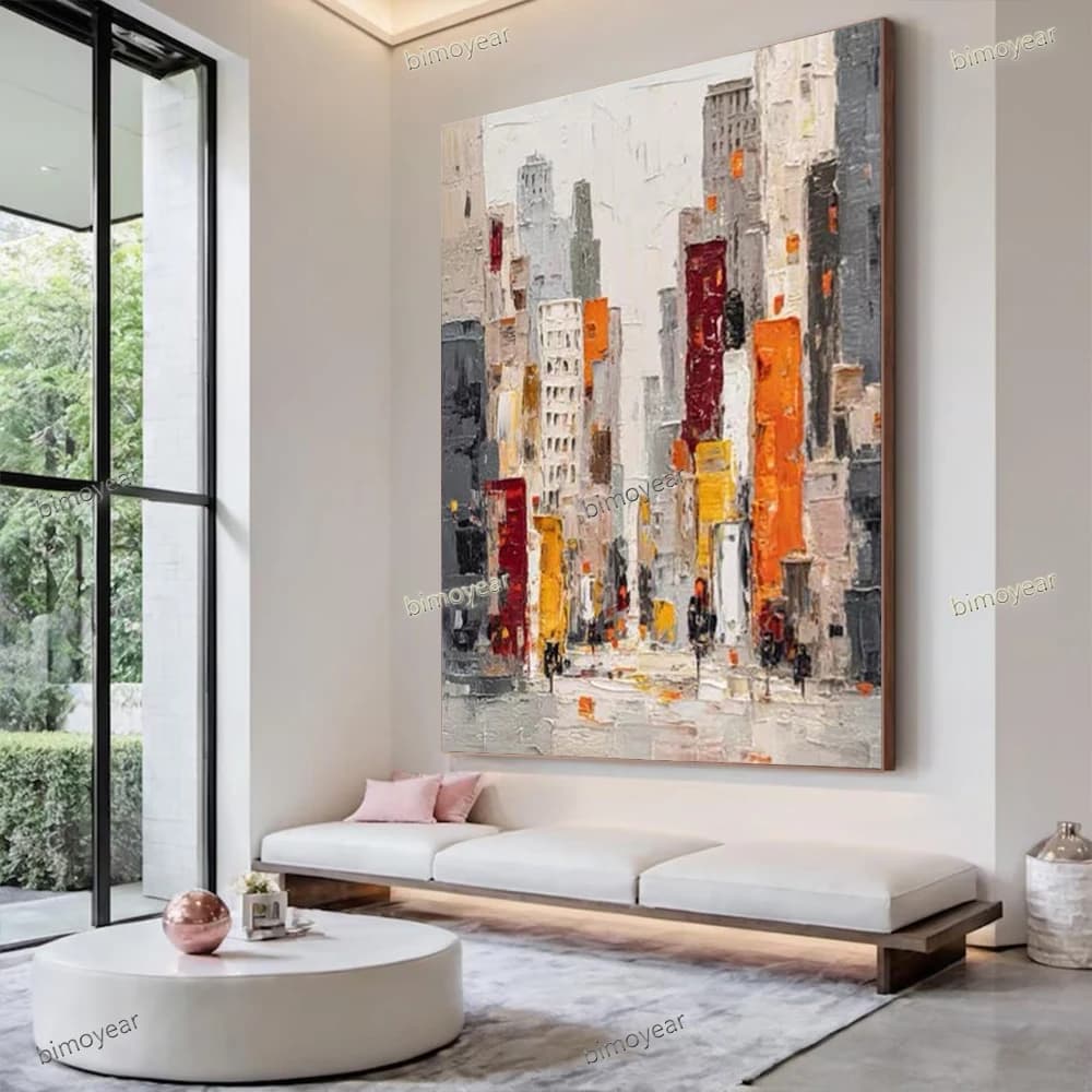 100% Hand-Painted Abstract Oil Painting on Canvas Modern Architectural Landscape Wall Art Picture Decor Living Room And Porch