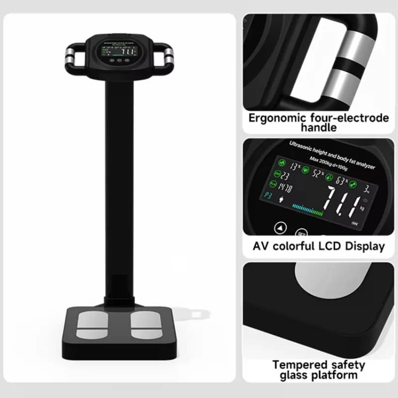 High-quality smart body fat scale, ergonomic four-electrode handle 200kg, color LCD screen, glass platform scale
