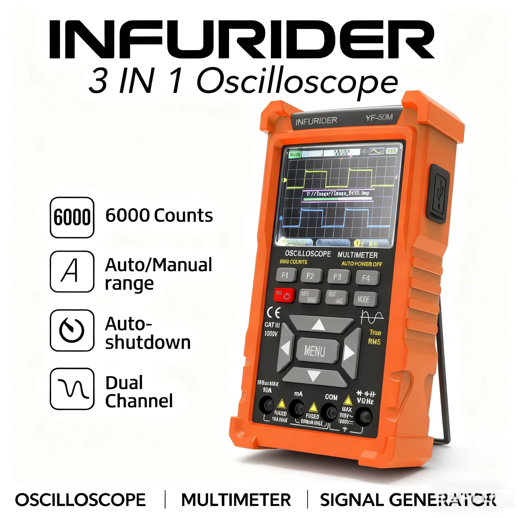 Multimeter Oscilloscope 2Channels,280MSa/s Sampling 3-in-1 50MHz Handheld with Signal Generator,3.5"IPS Color Screen,6000 Counts