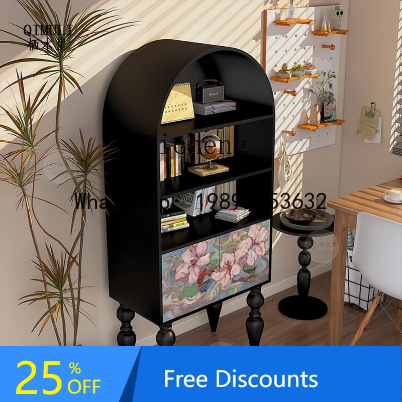 French retro solid wood bookcase, living room display storage cabinet, sofa side stand cabinet