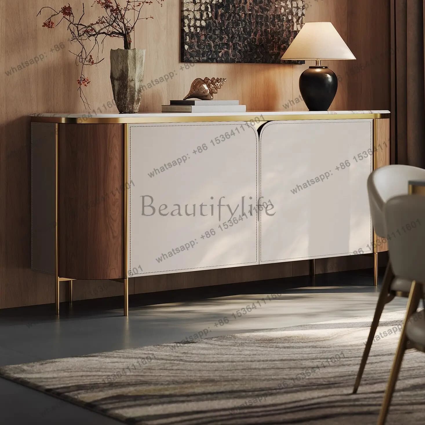 Light luxury solid wood saddle leather dining side cabinet rock slab countertop home entrance cabinet