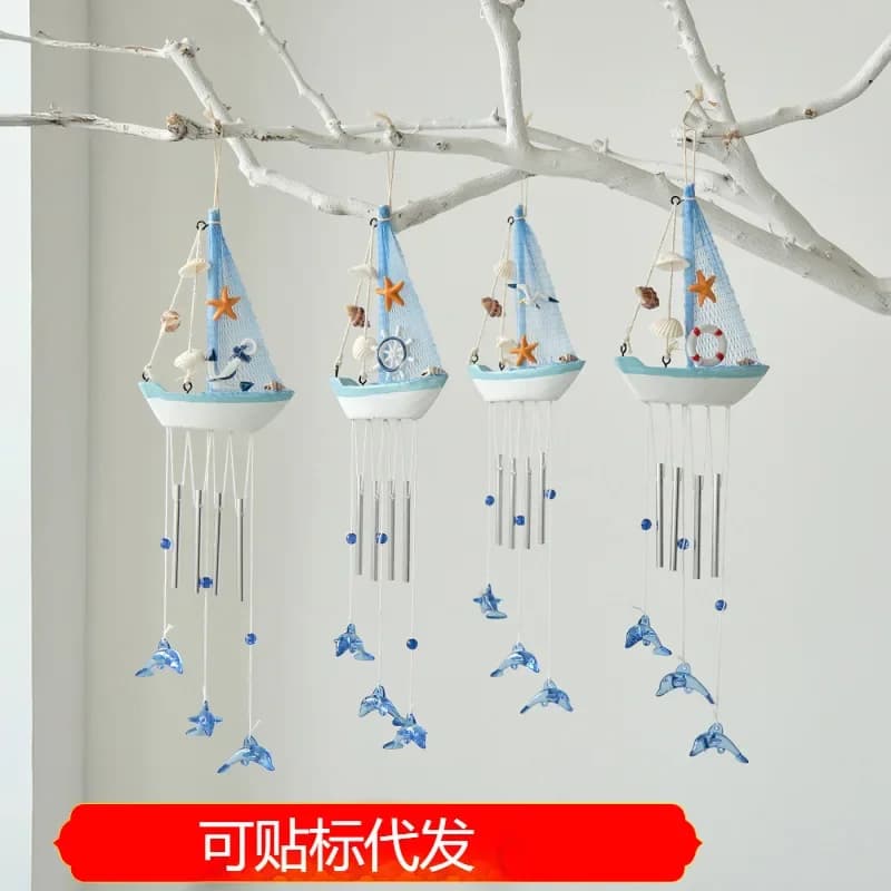 Mediterranean Style Wind Chime Wooden Sailboat Hanging Decor Creative Handmade Home Ornament