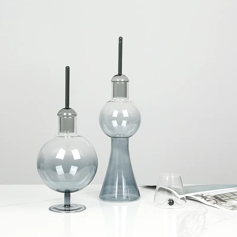 Modern minimalist transparent gradual change gray cone glass jar ornament, high-end home soft decoration