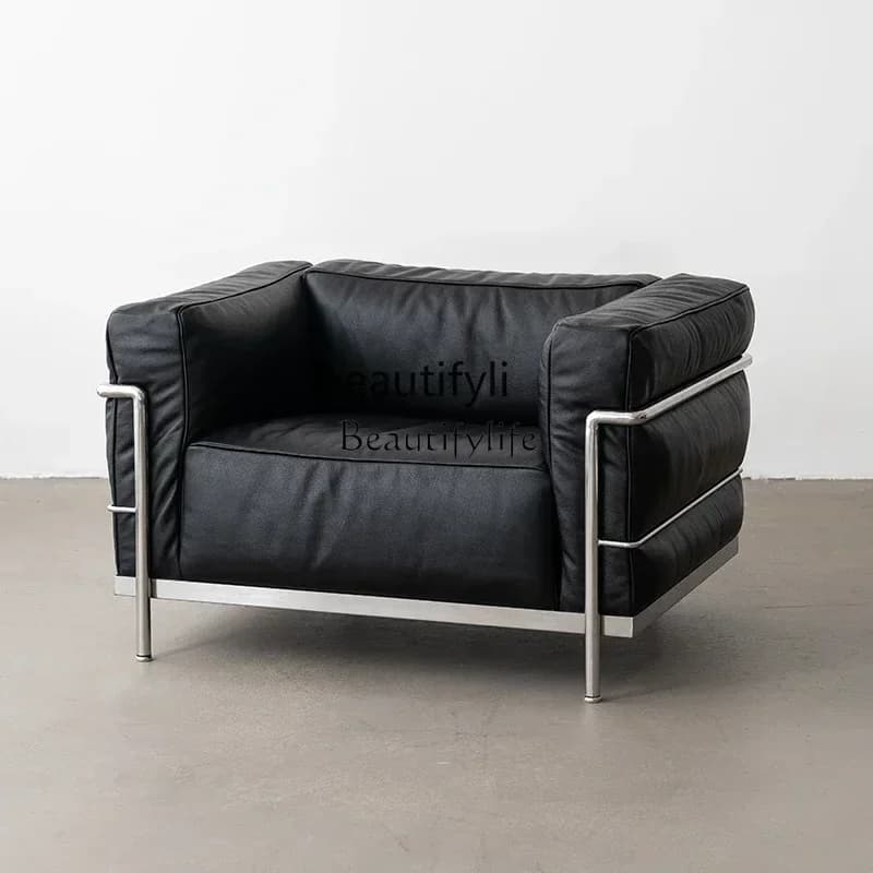 Living room retro French medium and ancient style single casual linen leather sofa designer